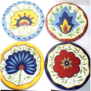 Pier 1 Hand Painted FLORAL Earthenware 8” Dessert Plates Set of Four